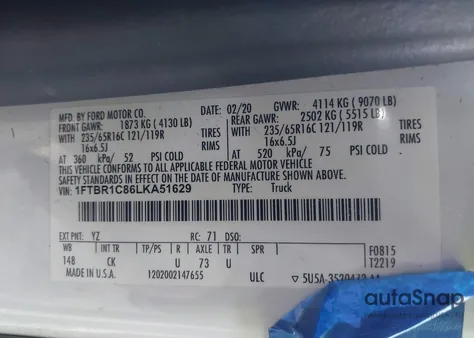 2020 Ford Transit-250 z USA, uszkodzony, nr VIN 1FTBR1C86LKA51629